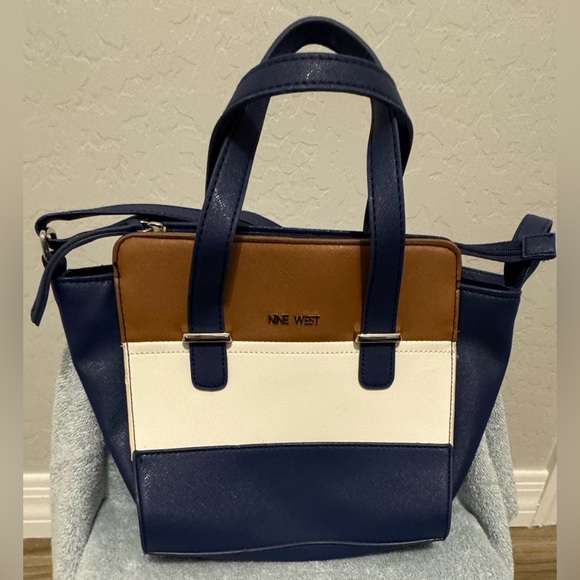 Nine West Handbags - Nine West women’s blue, white and camel tan color block square satchel.